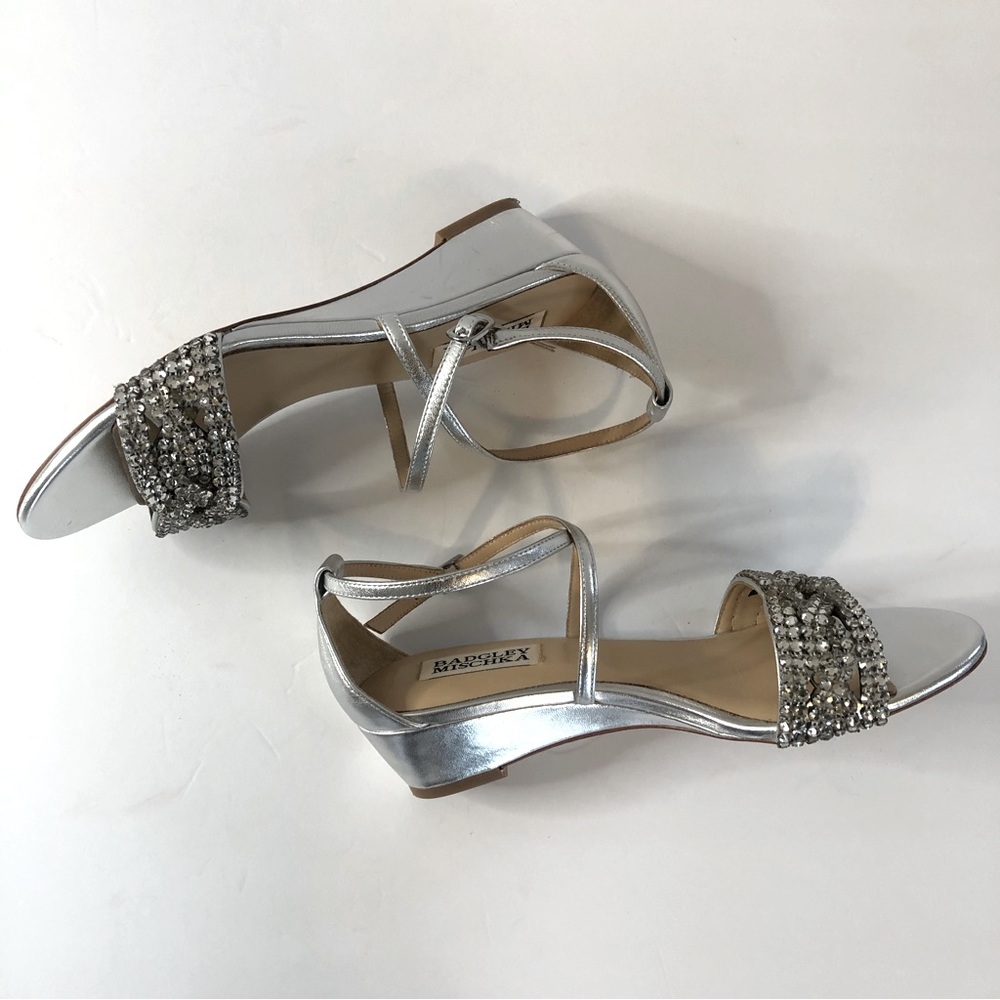 BADGELEY MISCHKA SILVER METALLIC BEADED ANKLE STRAP WEDGE SIZE 6 1/2